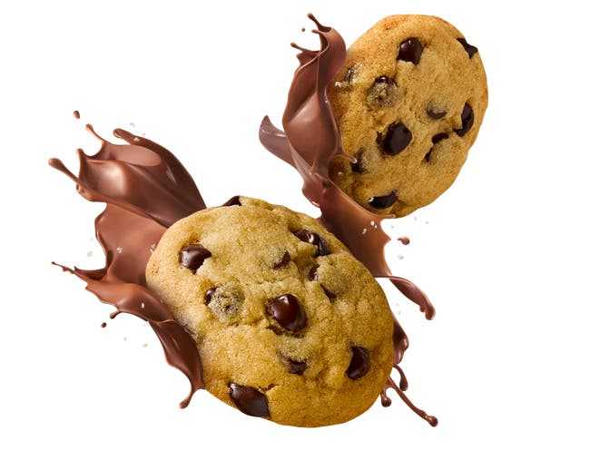 chocolate chip cookies splashed with chocolate