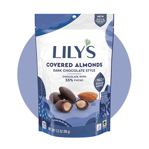 pouch of lilys dark chocolate style covered almonds