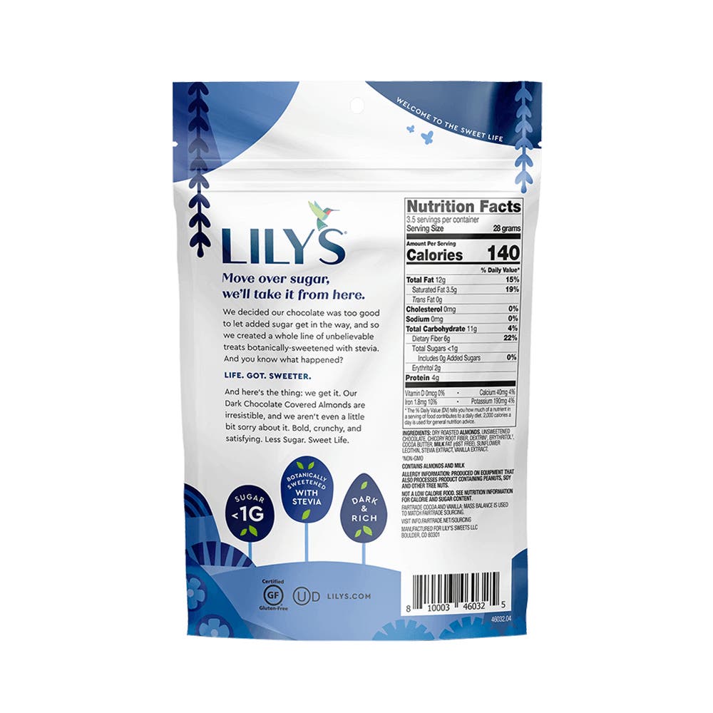LILY'S Dark Chocolate Style Covered Almonds, 3.5 oz bag - Back of Package