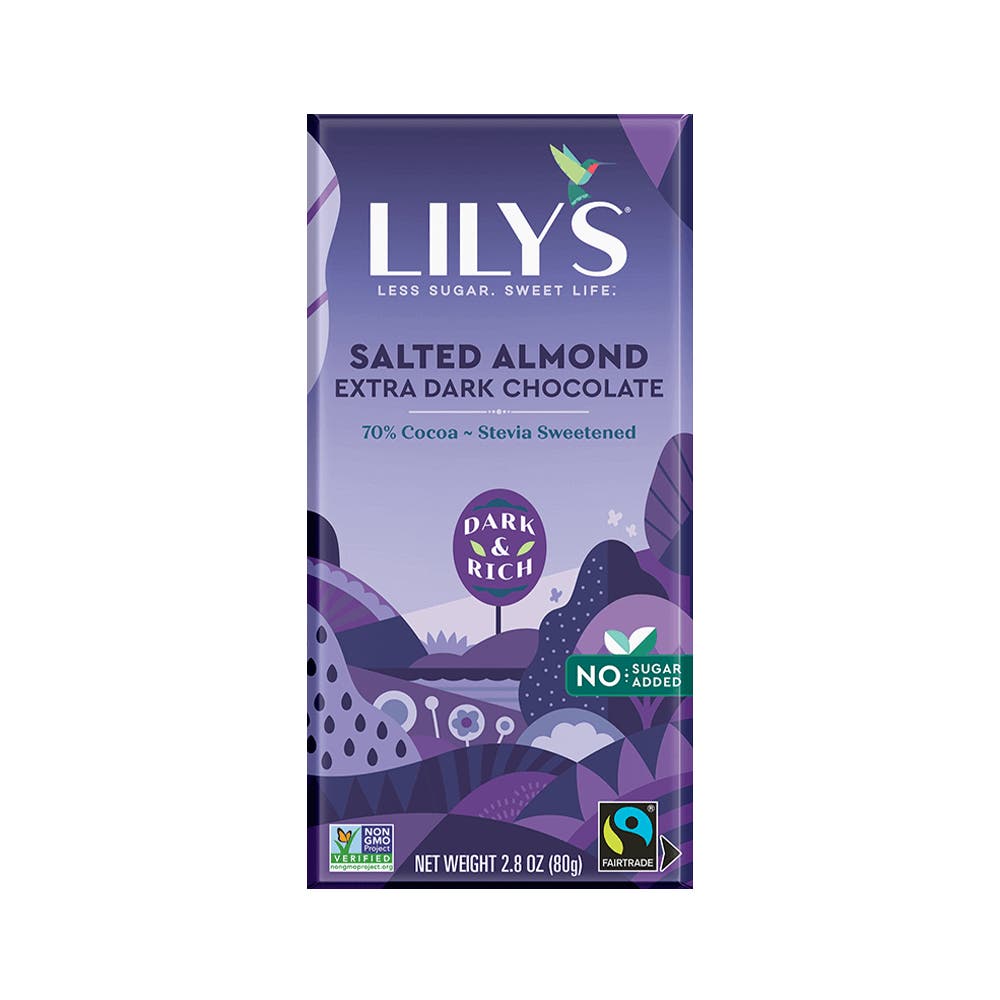 LILY'S Salted Almond Extra Dark Chocolate Style Bar, 2.8 oz - Front of Package