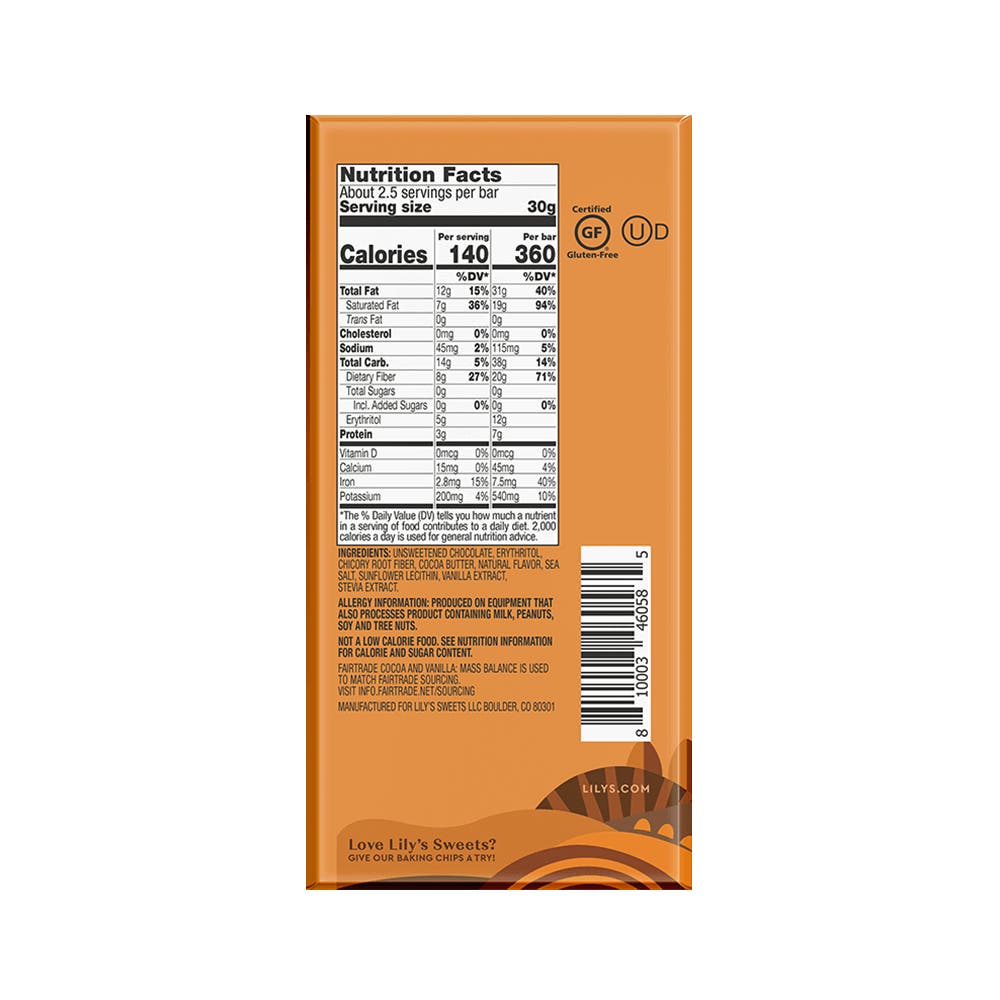 LILY'S Salted Caramel Extra Dark Chocolate Style Bar, 2.8 oz - Back of Package