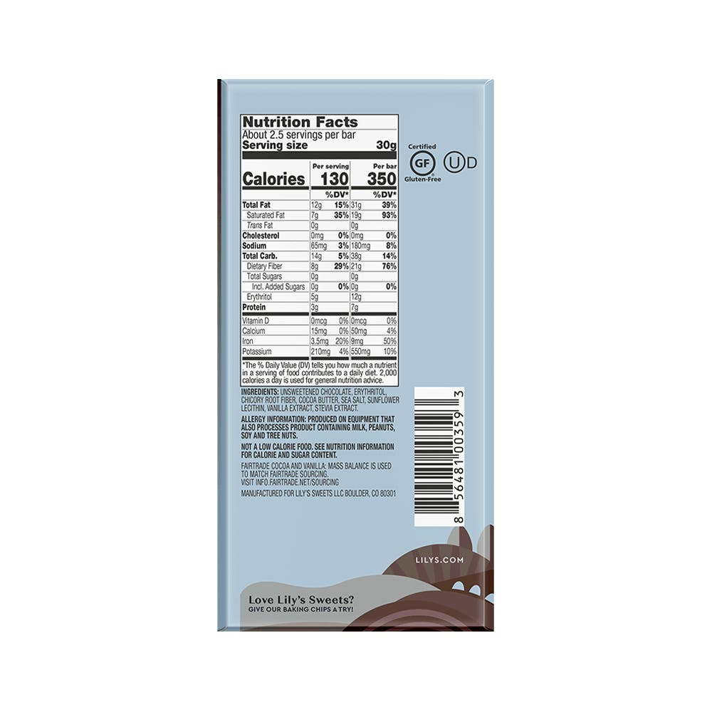 LILY'S Sea Salt Extra Dark Chocolate Style Bar, 2.8 oz - Back of Package