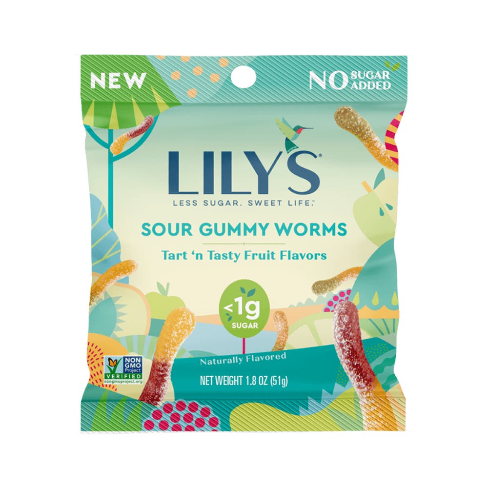 LILY'S Sour Gummy Worms, 1.8 oz bag - Front of Package